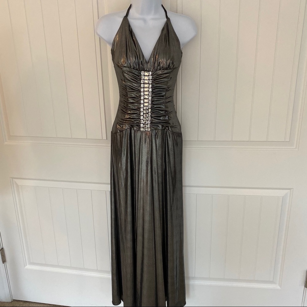 Jessica McClintock silver metallic jeweled dress